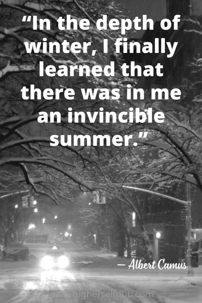 Reflective winter scene with quote about inner strength and resilience.