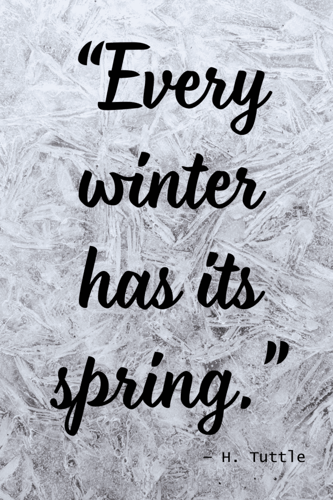 Cold winter background with inspiring quote about spring renewal and wellness.