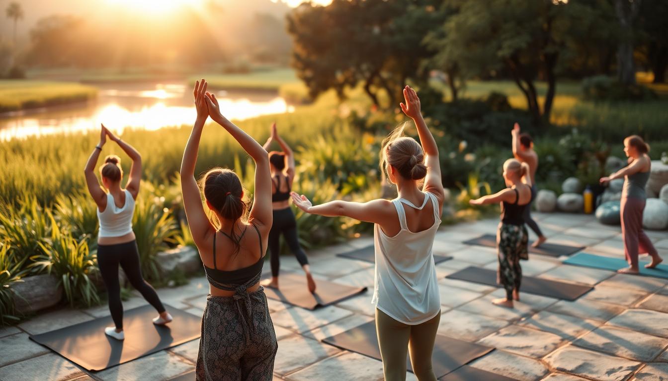 A serene outdoor setting with a soft sunrise illuminating a diverse group of individuals practicing gentle yoga poses, surrounded by lush greenery, flowing water, and soft, natural textures, embodying harmony and connection with nature.