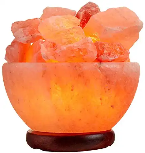 Spantik Himalayan Salt Lamp Bowl with Natural Crystal Chunks, Dimmer Cord and Classic Wood Base