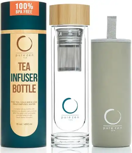 Pure Zen Tea Infuser Bottle - Insulated Glass Bottle for Loose Leaf Tea - Tea Tumbler