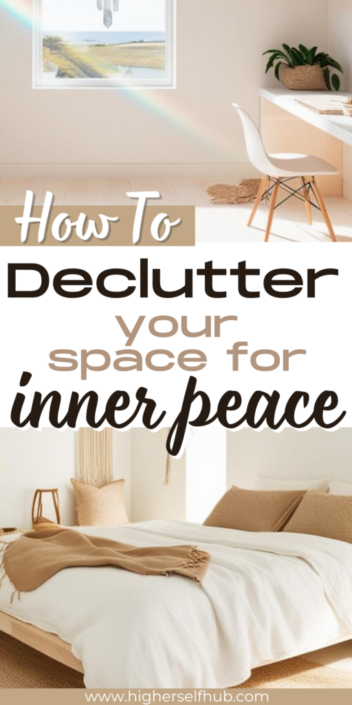 two sacred, clean spaces that are decluttered for inner peace. the words how to declutter your space for inner peace in the middle of the two images