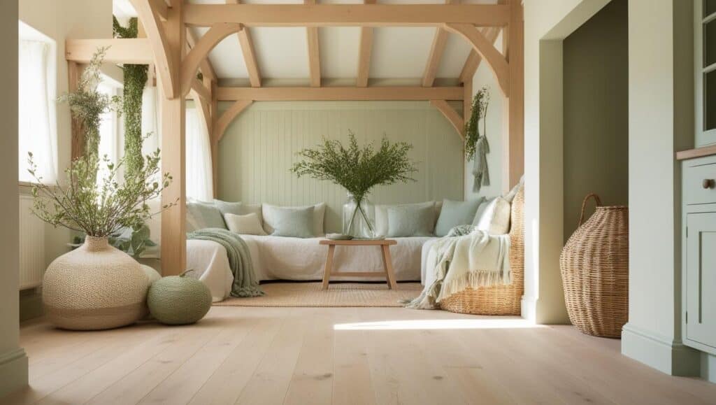 Serene living room with natural decor for a peaceful home environment.