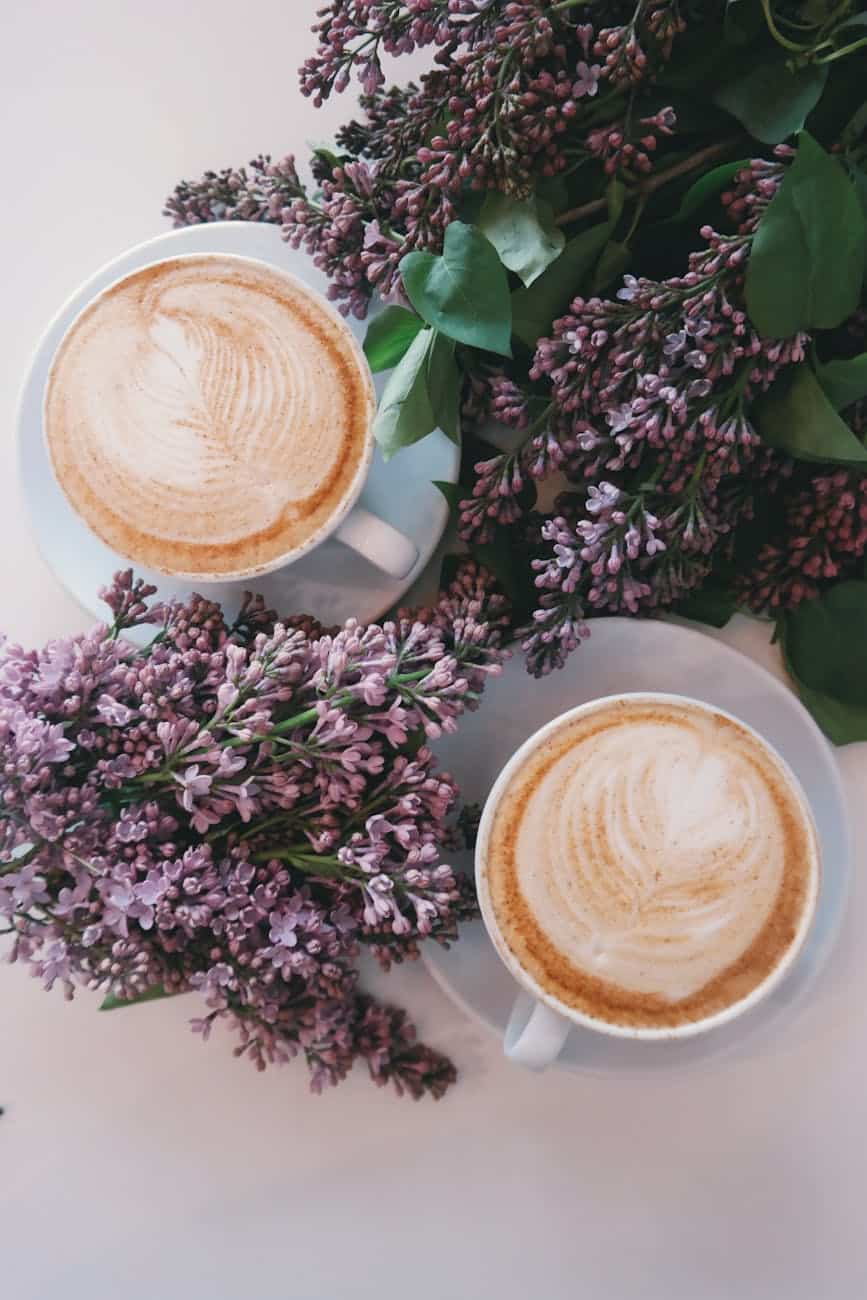 two cup of coffee lattes on saucers