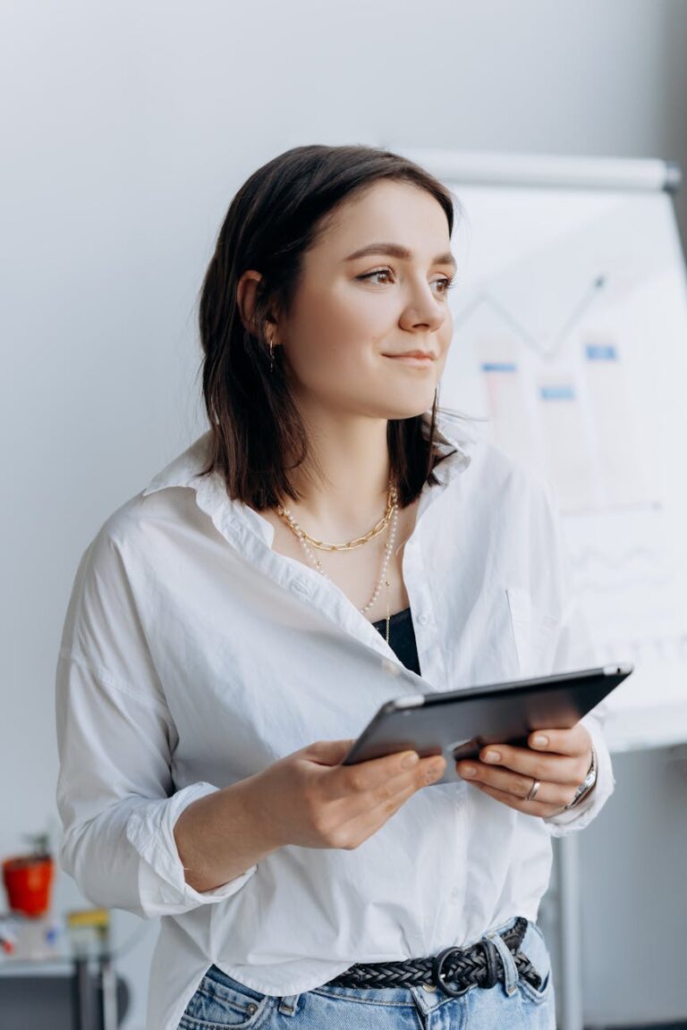 woman holding a tablet for presentation