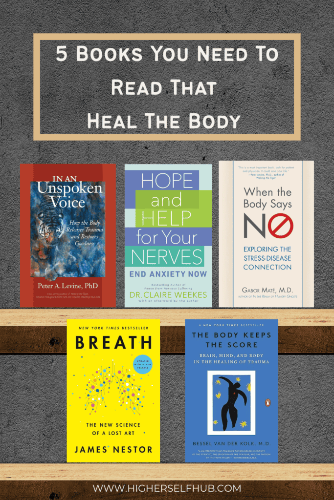 A colorful display of five books that promote healing the body through mental and emotional well-bei.