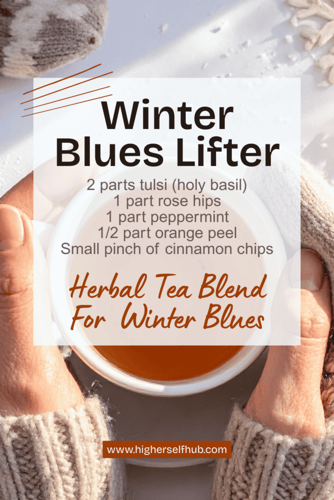 Relaxing herbal tea for winter blues with basil, rose hips, peppermint, and orange peel in a cozy se.