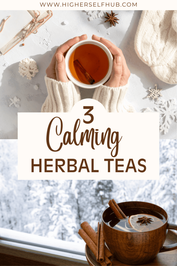 Warm herbal tea in a cozy winter setting for calming nerves and relaxation.