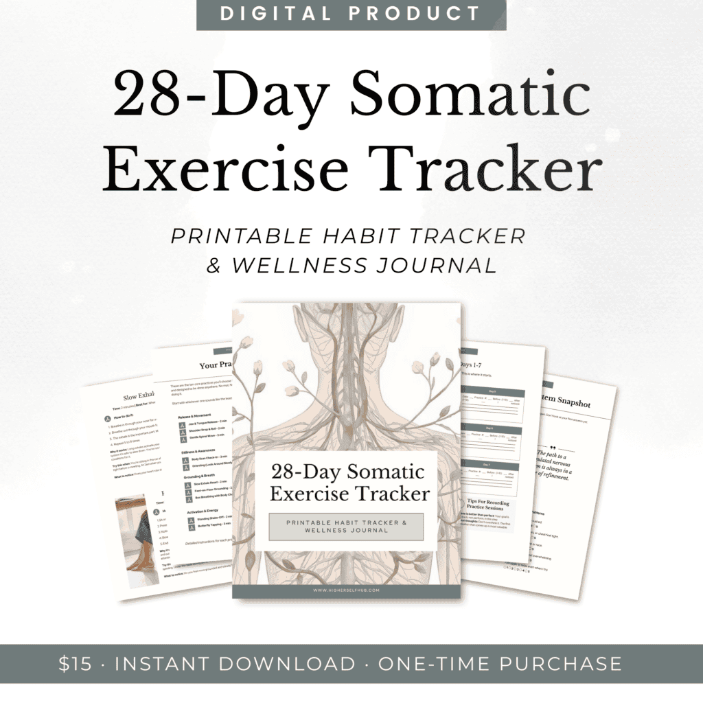 A calming 28-day somatic exercise tracker and wellness journal for mindful movement and self-care.