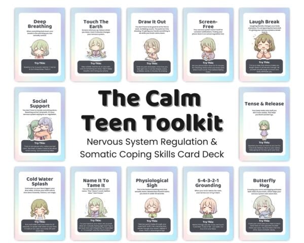 Calm teen toolkit for nervous system regulation and somatic coping skills card deck.