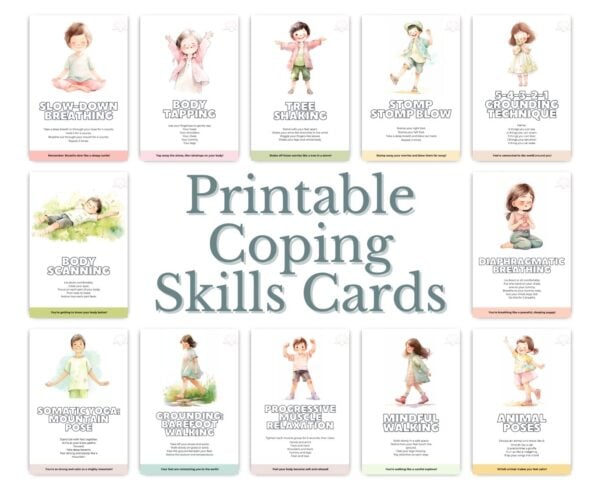 Coping skills cards for children featuring 28 printable somatic exercises to help kids manage stress.