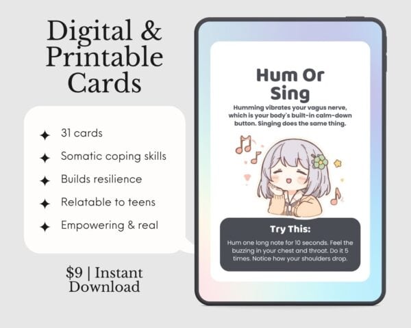 Calm teen nervous system regulation cards for emotional resilience and somatic coping skills.