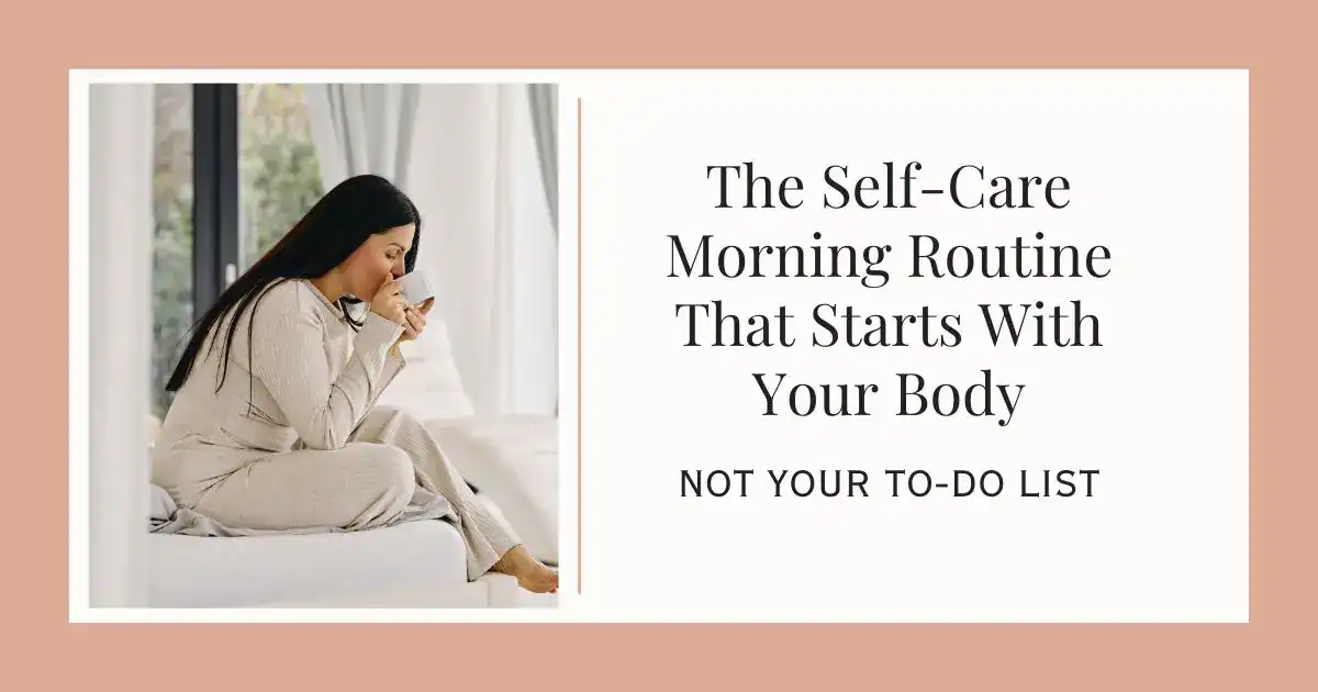 Mindful woman practicing self-care morning routine by the window, promoting wellness and body-center.