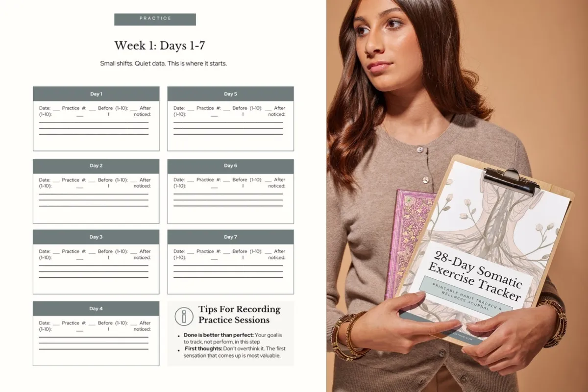 Woman holding 28 day habit tracker printable for somatic exercise