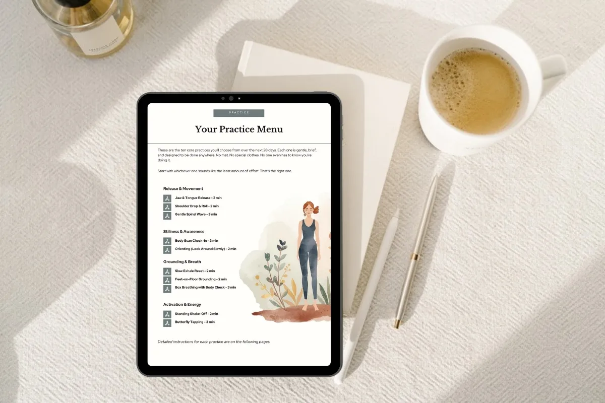 Gentle habit tracker printable on iPad with morning coffee for nervous system regulation