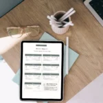 Habit tracker printable Week 1 Days 1-7 page on iPad with coffee for somatic exercise tracking