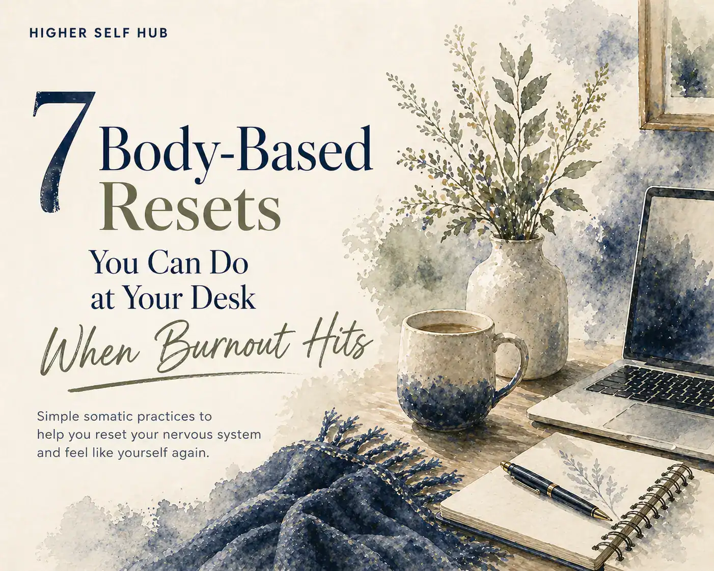 Relaxing workspace with plants, coffee, and a laptop for body-based resets during burnout.