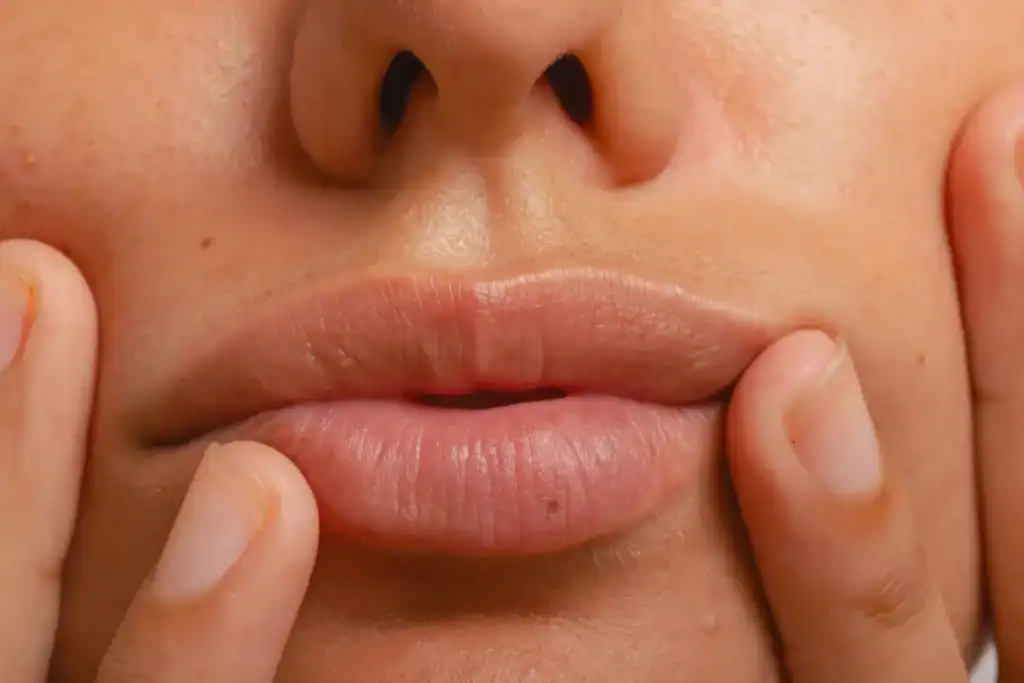 Close up of lips with fingertips touching