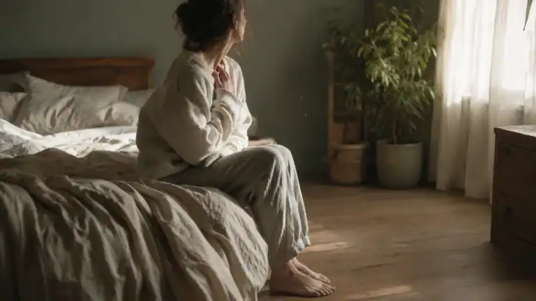 Woman sitting on bed in a peaceful, softly lit bedroom with plants and natural light.