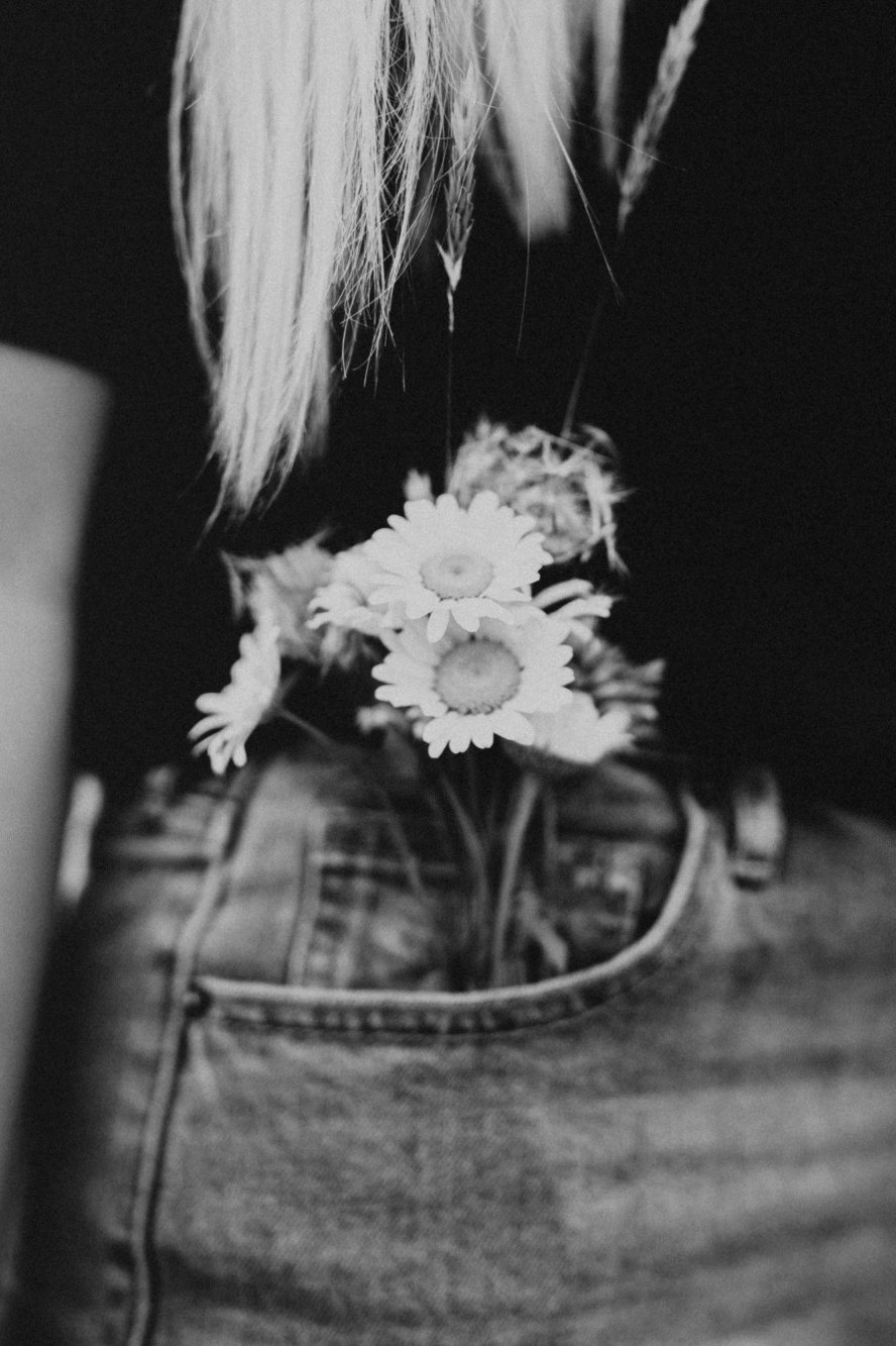 Daisies tucked into the front pocket of a pair of jeans